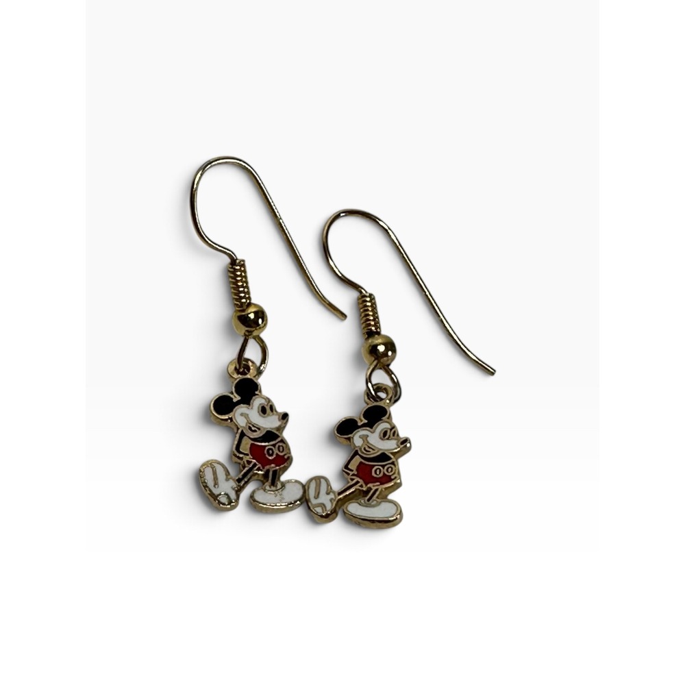 Vtg Walt Disney Productions Mickey Mouse Dangle Earrings Gold Tone Red Enamel
